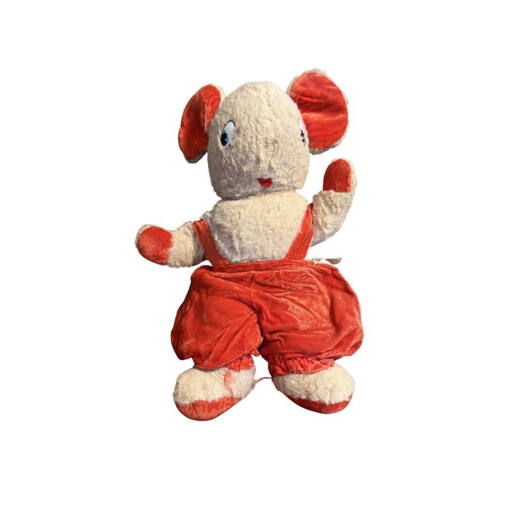 Vintage Plush Mouse Toy In Red Velvet Overalls By Gund Creation
